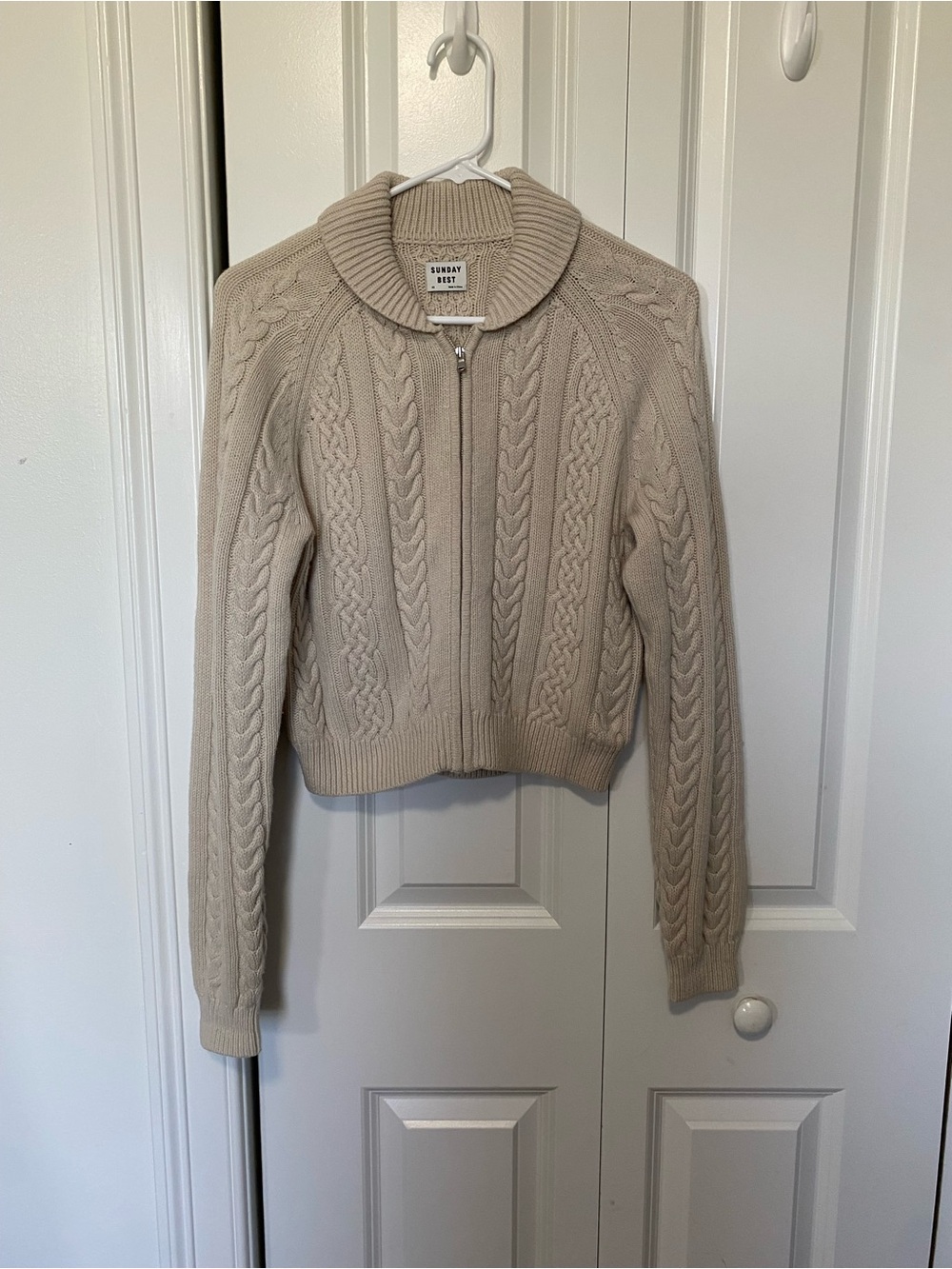 Sunday Best Wool Blend Cream Cable-Knit Zip Cardigan